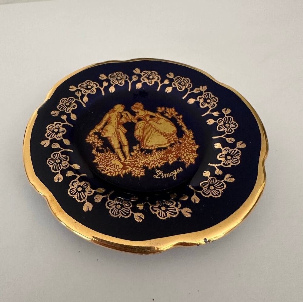 Vtg Limoges France Cobalt Blue Gold Saucer Courting  Porcelain Limoges Castel 3"